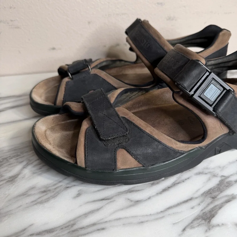 Mephisto Sandals Men Size 12 US Shark Fit 46 EU Black Brown Leather Slip On Shoe